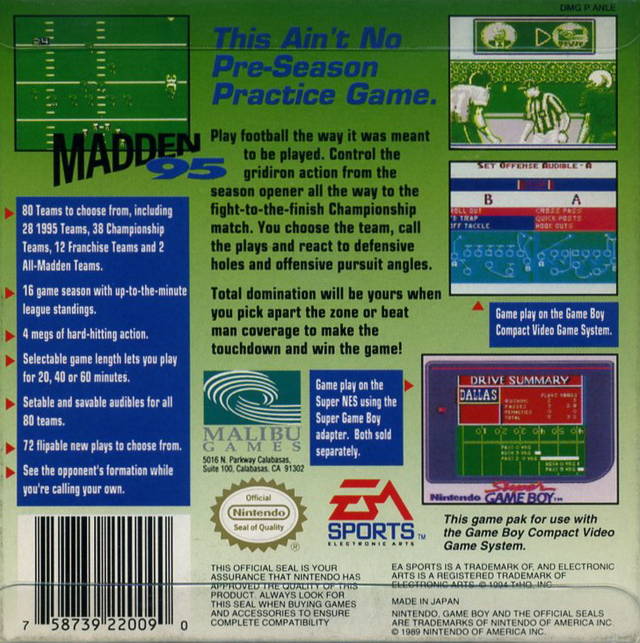 Madden 95 Football Game Boy - Video Game - Used - CaveGamers - Image 2