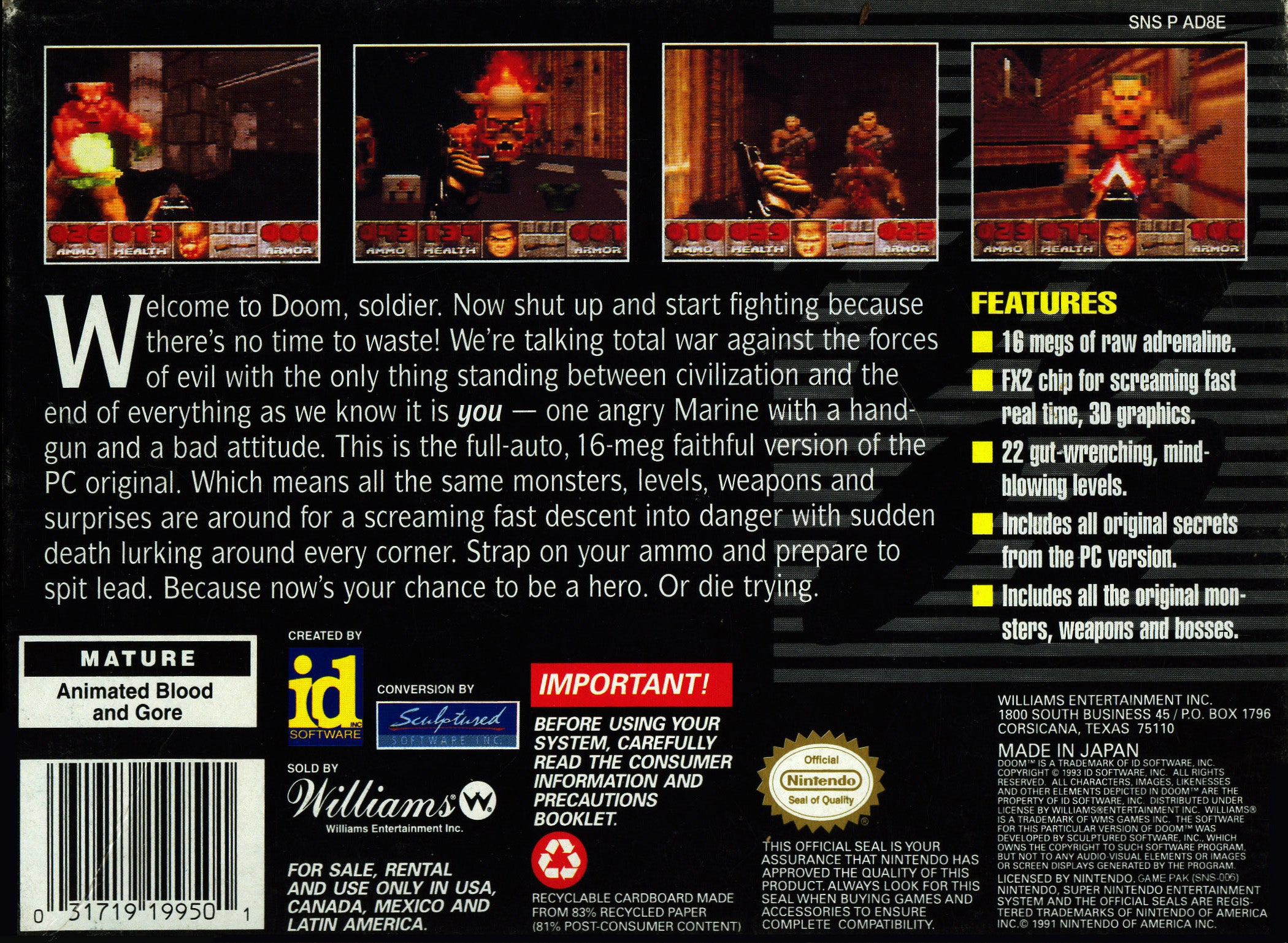 Doom SNES - Video Game - Used - CaveGamers - Image 2