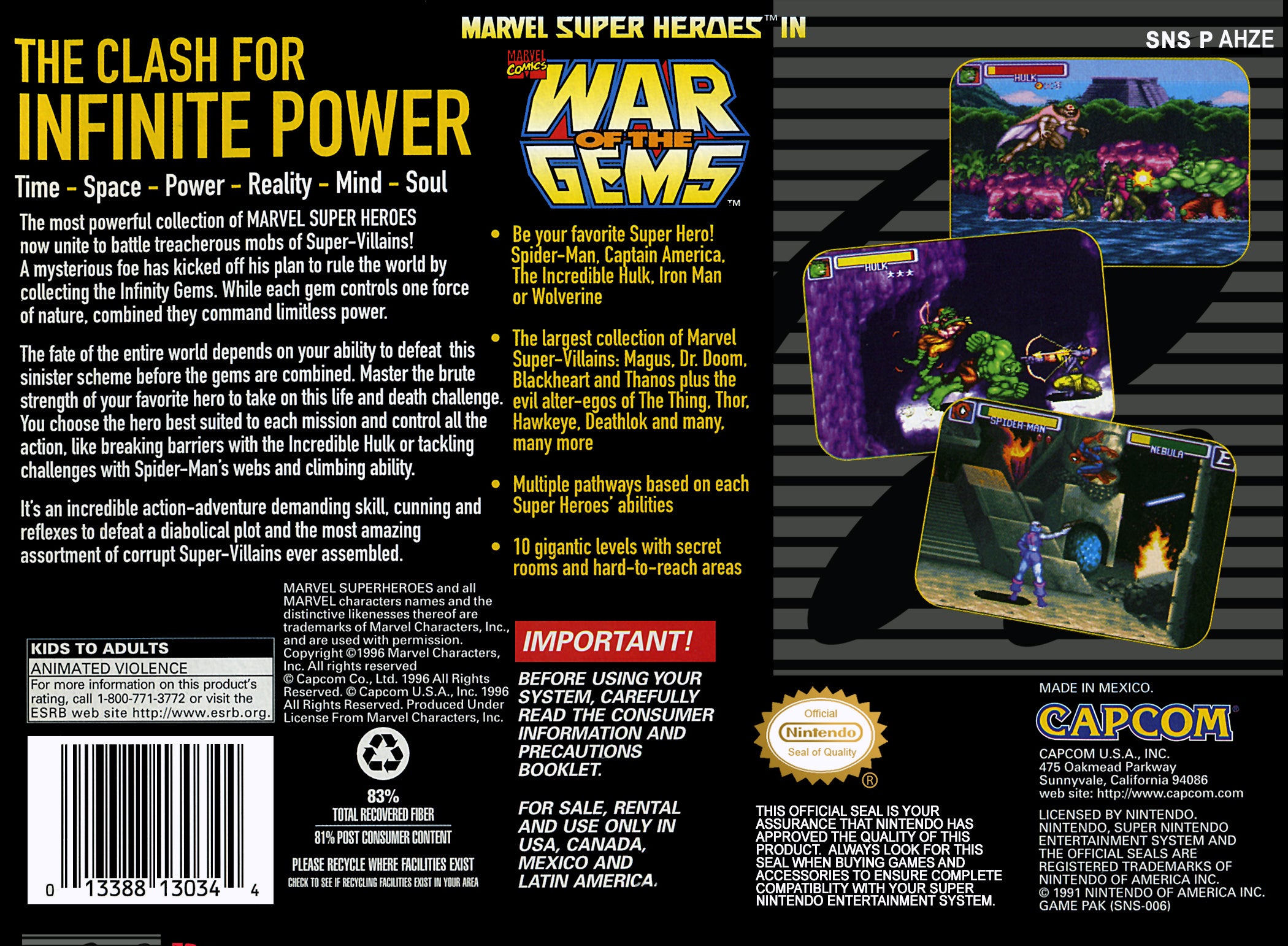 Marvel Super Heroes in War of the Gems SNES - Video Game - Used - CaveGamers - Image 2