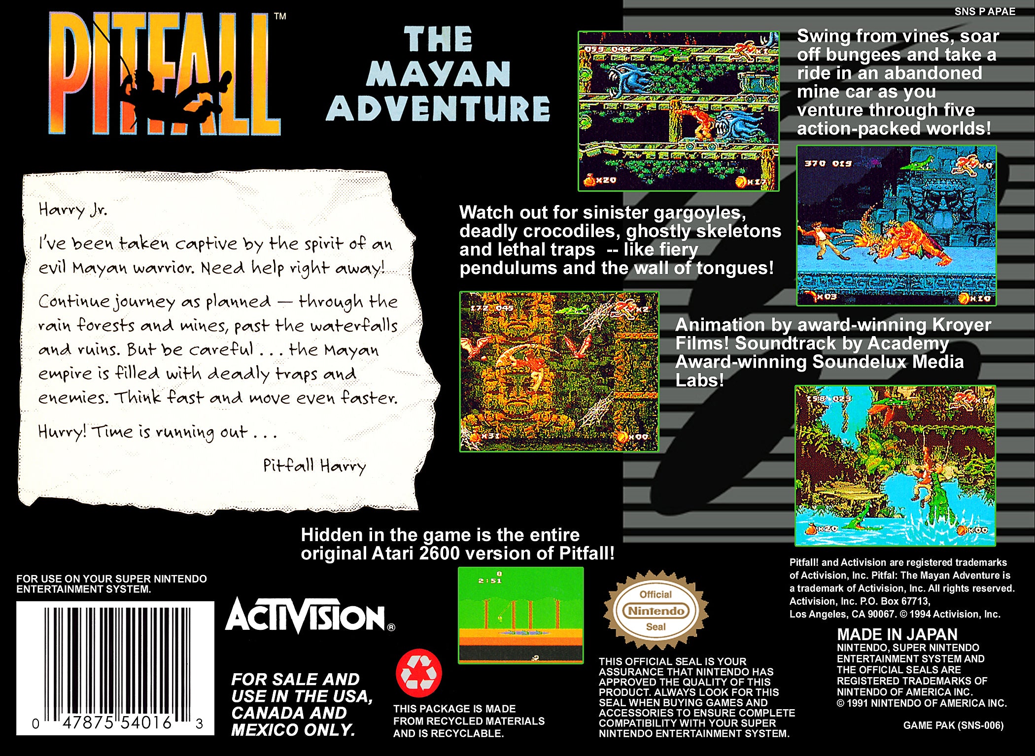 Pitfall Mayan Adventure SNES - Video Game - Used - CaveGamers - Image 2