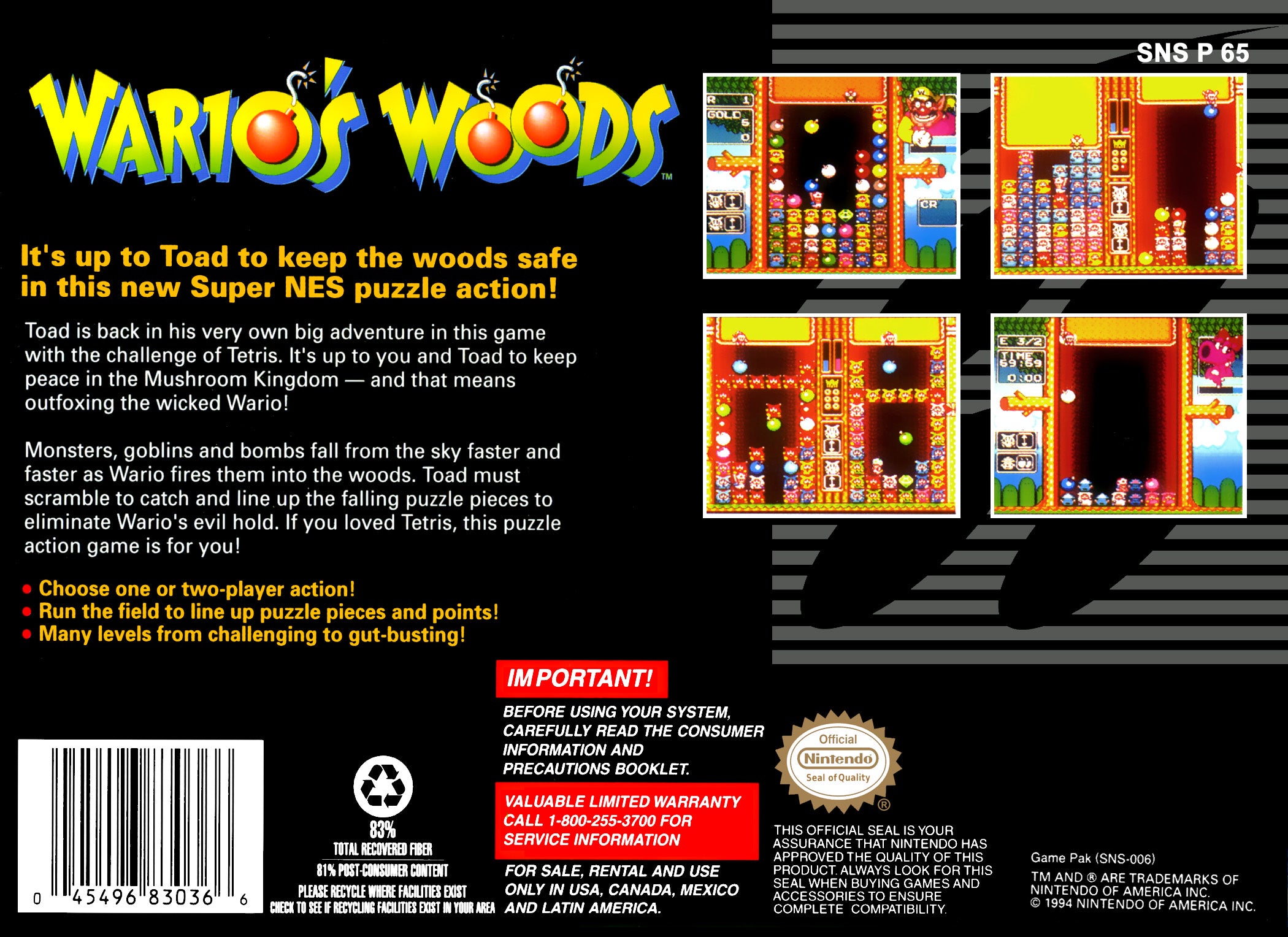 Wario's Woods SNES - Video Game - Used - CaveGamers - Image 2