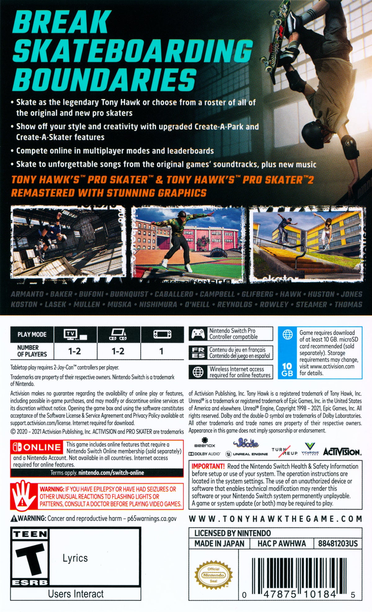 Tony Hawk's Pro Skater 1+2 Switch - Video Game - Used - CaveGamers - Image 2