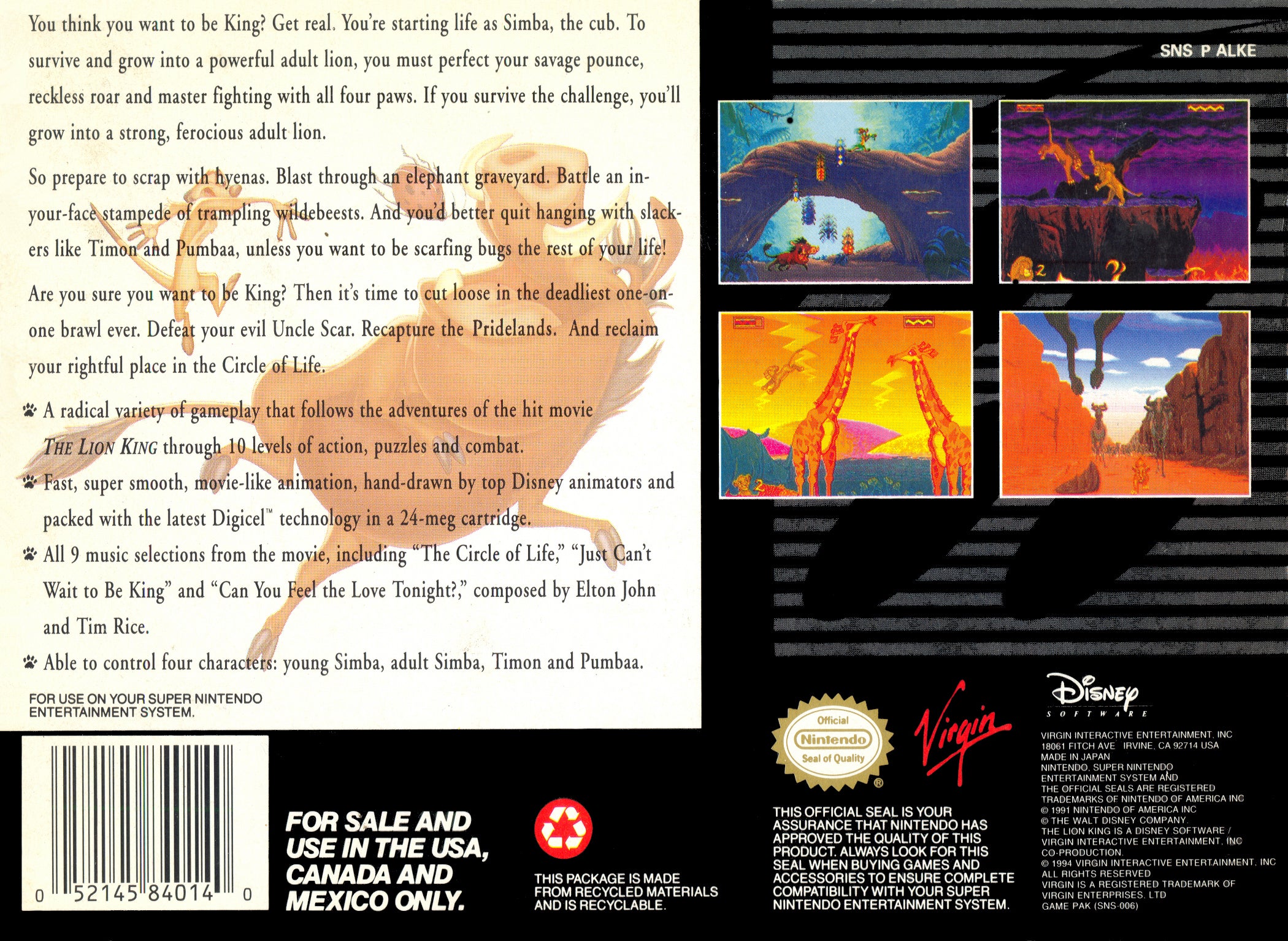 The Lion King SNES - Video Game - Used - CaveGamers - Image 2