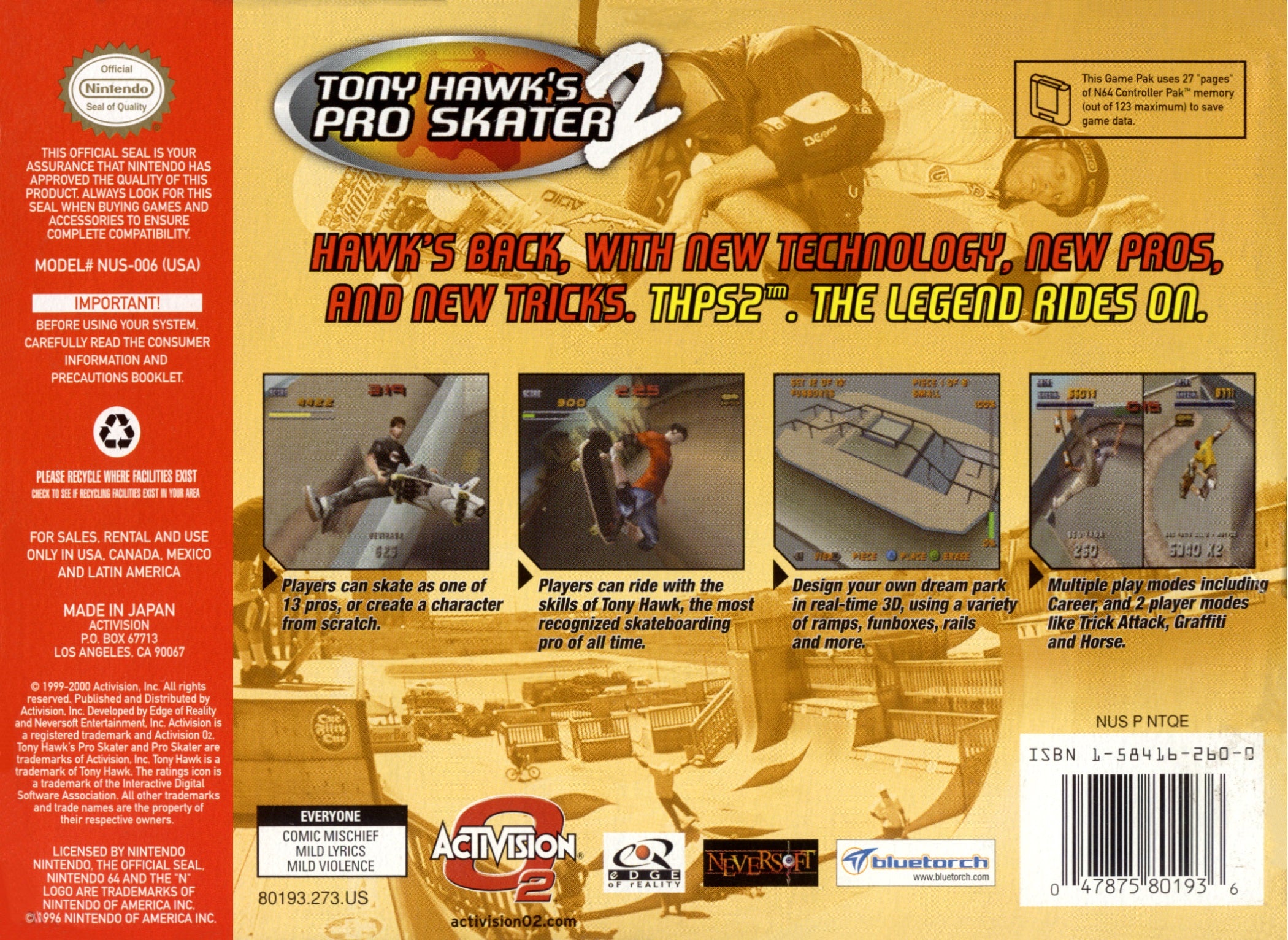 Tony Hawk Pro Skater 2 N64 - Video Game - Used - CaveGamers - Image 2