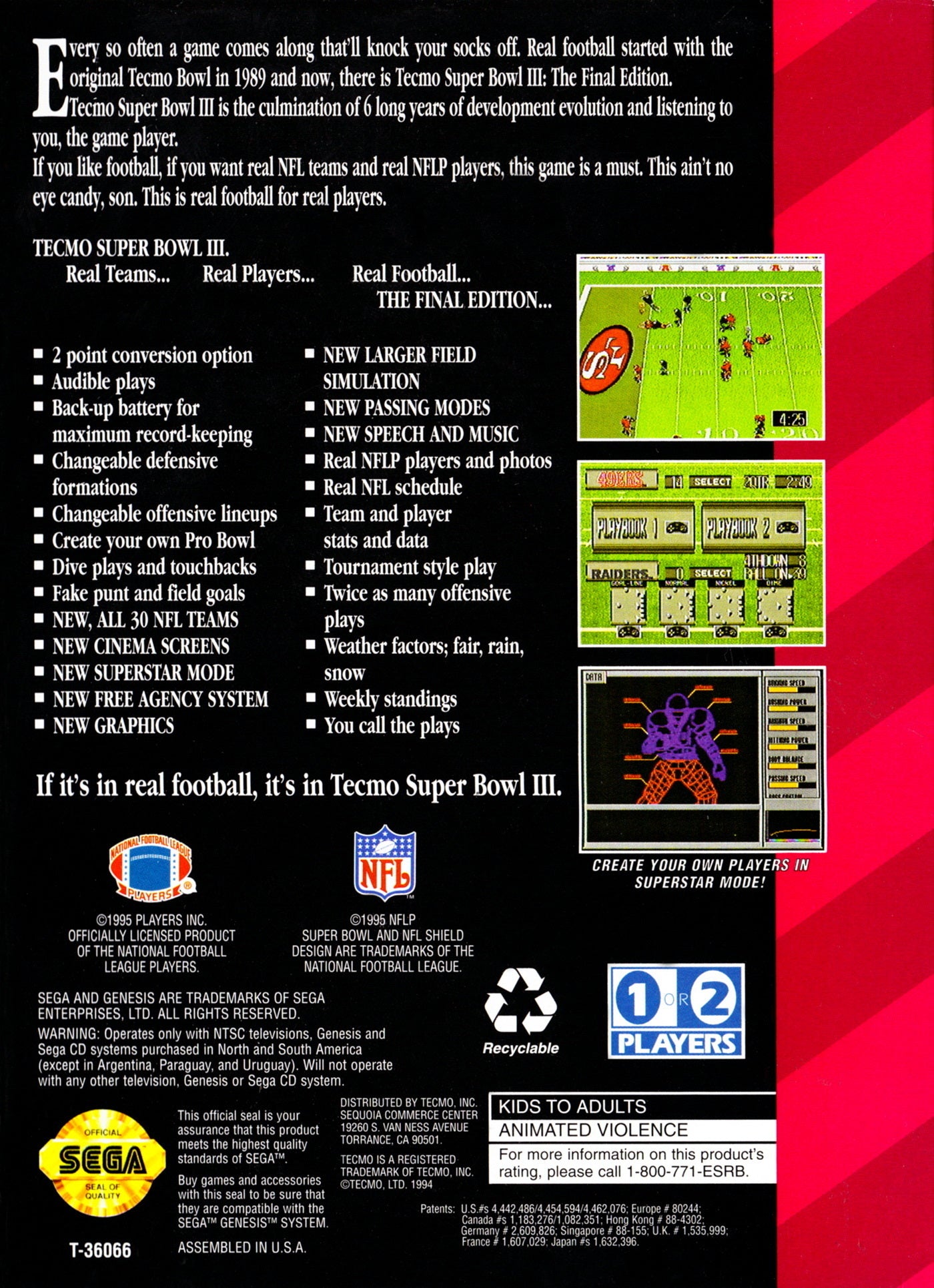 Tecmo Super Bowl III: Final Edition Genesis - Video Game - Used - CaveGamers - Image 2