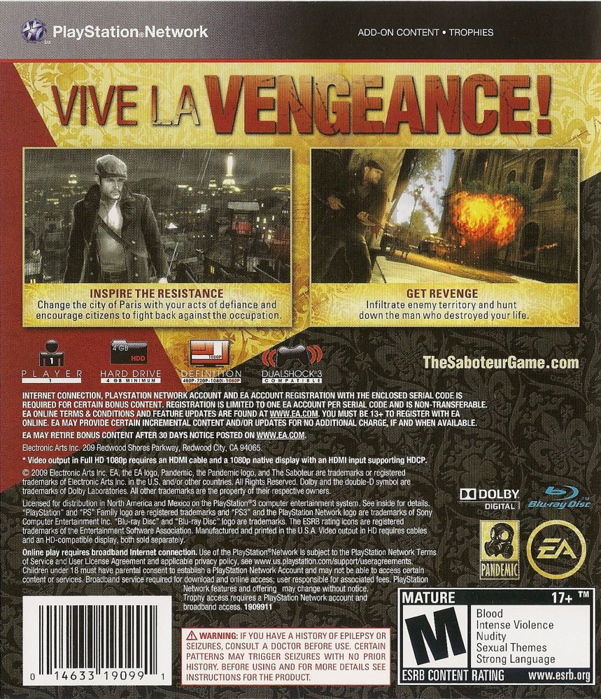 The Saboteur PS3 - Video Game - Used - CaveGamers - Image 2