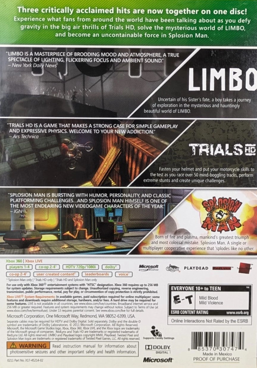 Triple Pack: Limbo, Trials HD, Splosion Man Xbox 360 - Video Game - Used - CaveGamers - Image 2