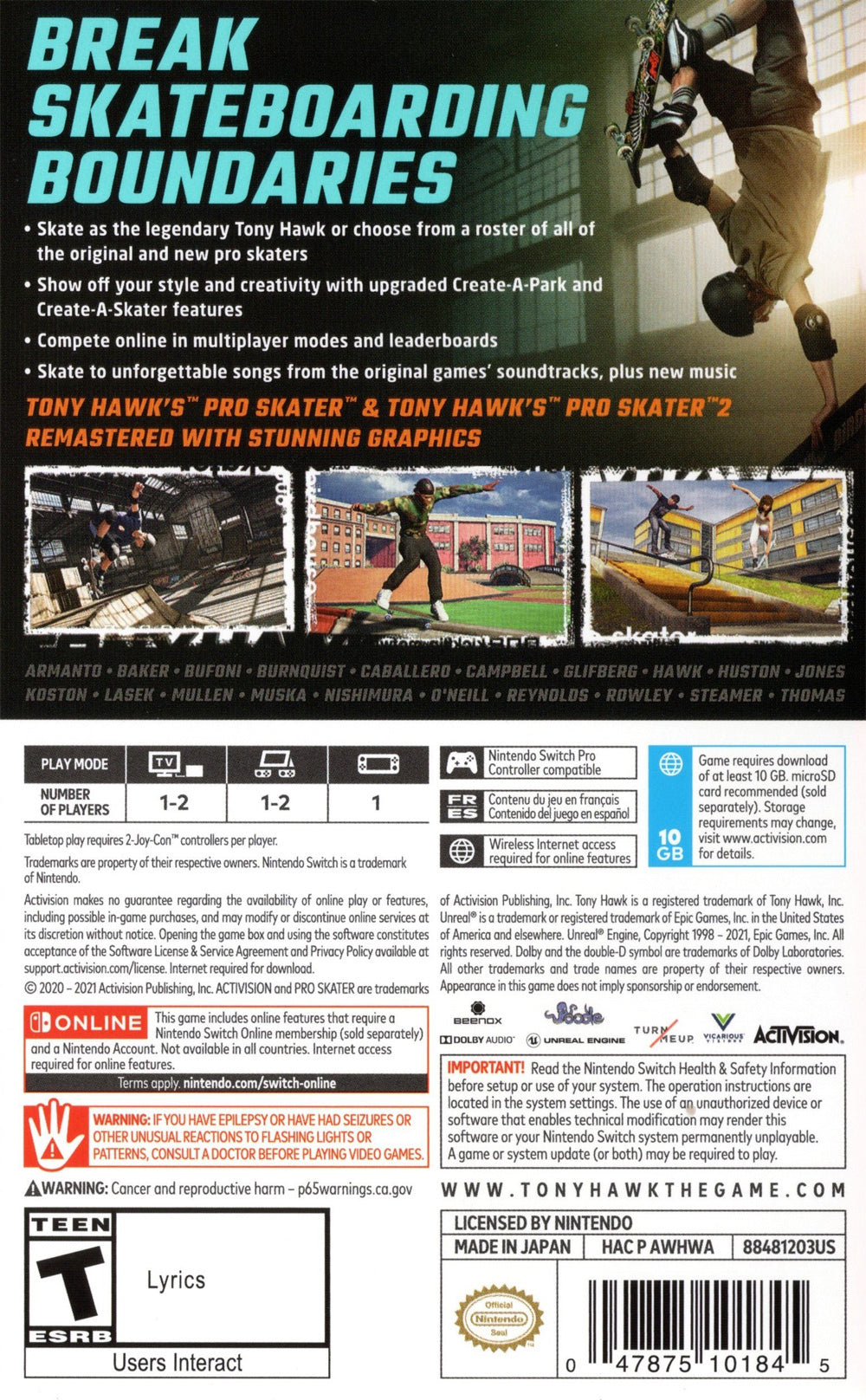 Tony Hawk's Pro Skater 1+2 Switch - Video Game - Used - CaveGamers - Image 2